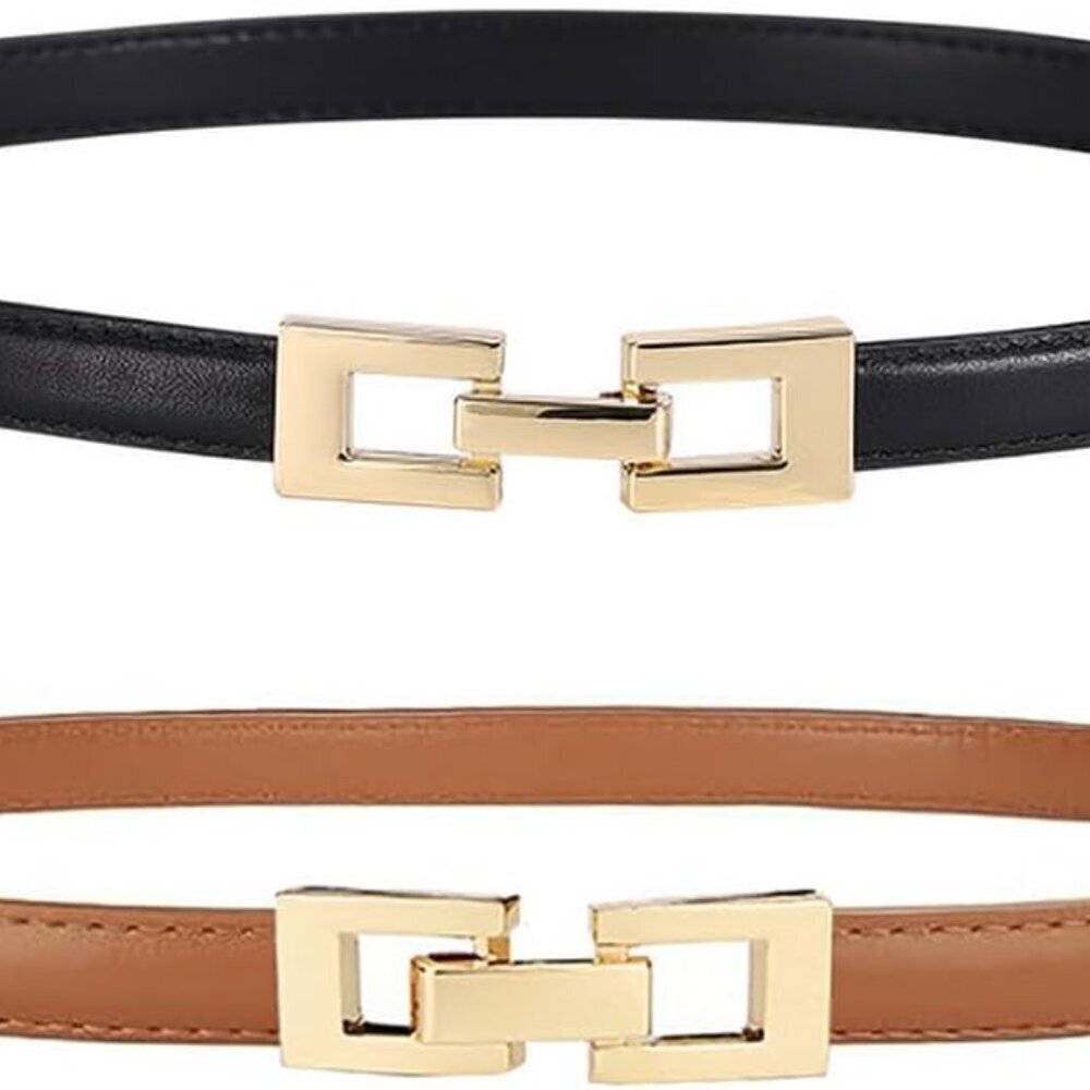 2Pack Women's Leather Belts Thin Waist Dress Belt with Gold Buckle Adjustable - Picture 1 of 7